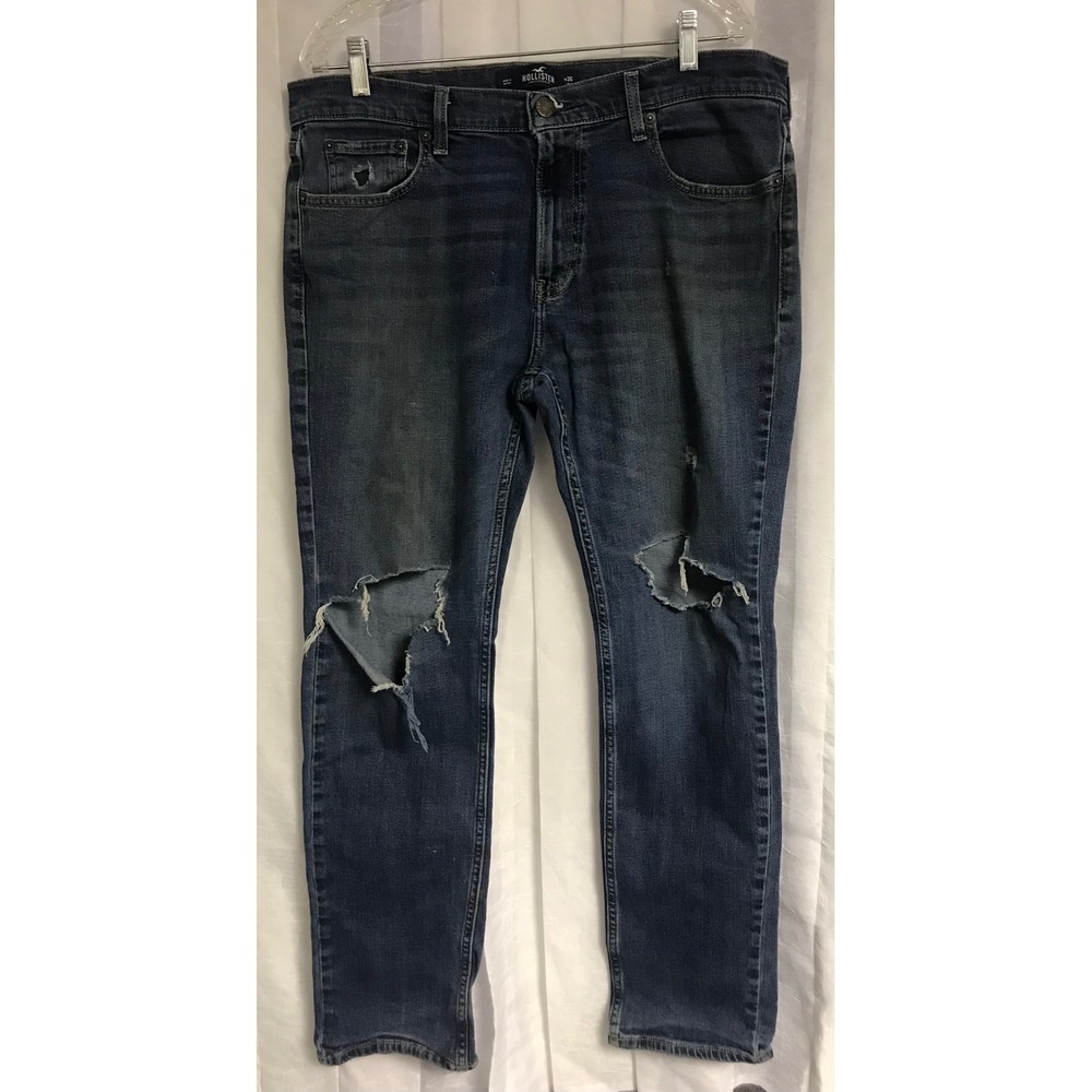Hollister Epic Flex Mens Skinny Fit Distressed Dark Wash Jeans 36x32 Ripped Knee